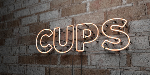 CUPS - Glowing Neon Sign on stonework wall - 3D rendered royalty free stock illustration.  Can be used for online banner ads and direct mailers..