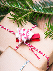 Christmas presents on wooden background, retro style with copy space