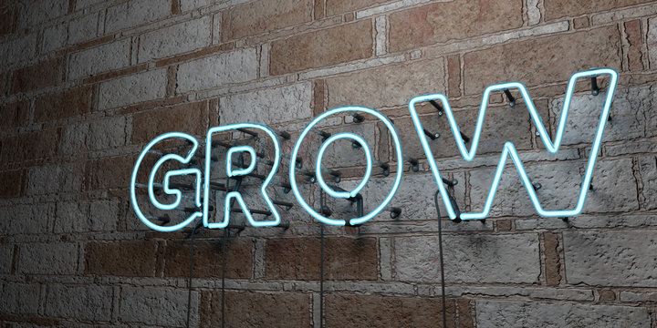 GROW - Glowing Neon Sign on stonework wall - 3D rendered royalty free stock illustration.  Can be used for online banner ads and direct mailers..