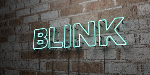 BLINK - Glowing Neon Sign on stonework wall - 3D rendered royalty free stock illustration.  Can be used for online banner ads and direct mailers..