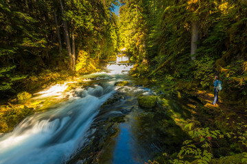 Tourist Backpacker looking at McKenzie River down from Sahalie F