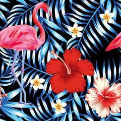Abwaschbare Fototapete Flamingo Hibiskus Flamingo Plumeria Palmblätter blaues Muster