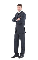 Obraz premium Full body portrait of happy smiling business man, isolated on white background