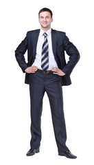 Full body portrait of happy smiling business man, isolated on white background