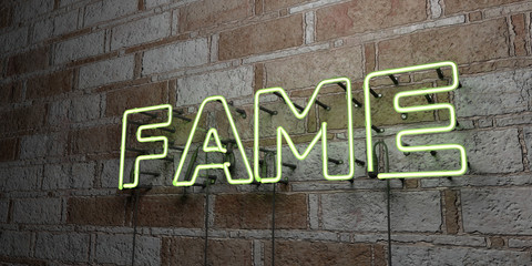 FAME - Glowing Neon Sign on stonework wall - 3D rendered royalty free stock illustration.  Can be used for online banner ads and direct mailers..