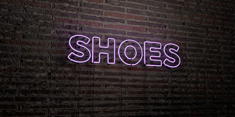 SHOES -Realistic Neon Sign on Brick Wall background - 3D rendered royalty free stock image. Can be used for online banner ads and direct mailers..