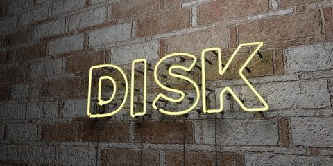 DISK - Glowing Neon Sign on stonework wall - 3D rendered royalty free stock illustration.  Can be used for online banner ads and direct mailers..