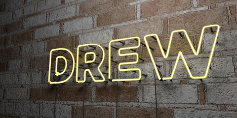 DREW - Glowing Neon Sign on stonework wall - 3D rendered royalty free stock illustration.  Can be used for online banner ads and direct mailers..