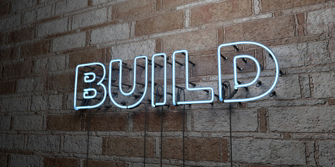 BUILD - Glowing Neon Sign on stonework wall - 3D rendered royalty free stock illustration.  Can be used for online banner ads and direct mailers..