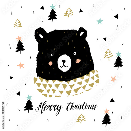 “Cute black bear head with message Merry Christmas. Xmas design for the