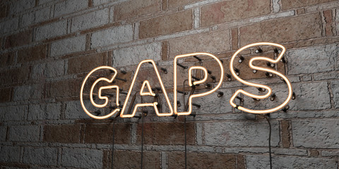 GAPS - Glowing Neon Sign on stonework wall - 3D rendered royalty free stock illustration.  Can be used for online banner ads and direct mailers..