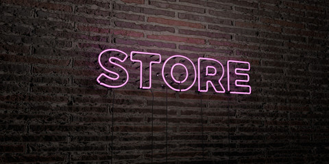 STORE -Realistic Neon Sign on Brick Wall background - 3D rendered royalty free stock image. Can be used for online banner ads and direct mailers..