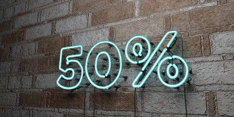 50% - Glowing Neon Sign on stonework wall - 3D rendered royalty free stock illustration.  Can be used for online banner ads and direct mailers..