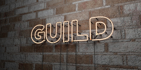 GUILD - Glowing Neon Sign on stonework wall - 3D rendered royalty free stock illustration.  Can be used for online banner ads and direct mailers..