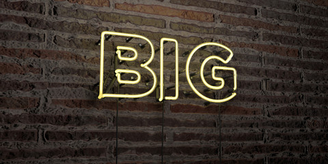 BIG -Realistic Neon Sign on Brick Wall background - 3D rendered royalty free stock image. Can be used for online banner ads and direct mailers..