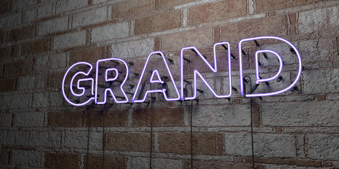 GRAND - Glowing Neon Sign on stonework wall - 3D rendered royalty free stock illustration.  Can be used for online banner ads and direct mailers..