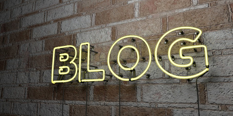 BLOG - Glowing Neon Sign on stonework wall - 3D rendered royalty free stock illustration.  Can be used for online banner ads and direct mailers..