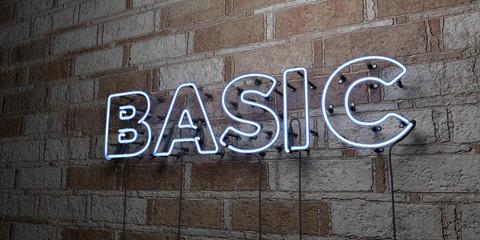 Fototapeta premium BASIC - Glowing Neon Sign on stonework wall - 3D rendered royalty free stock illustration. Can be used for online banner ads and direct mailers..