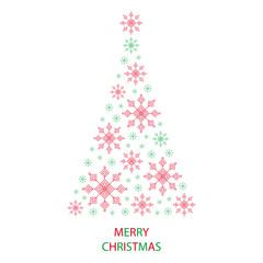 Obraz na płótnie Canvas Christmas tree shaped from green and red snowflakes on white background with text graphics Merry Christmas greeting card