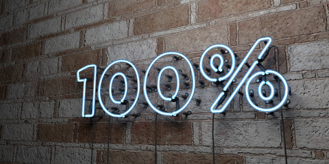 100% - Glowing Neon Sign on stonework wall - 3D rendered royalty free stock illustration.  Can be used for online banner ads and direct mailers..