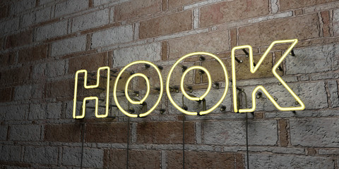 HOOK - Glowing Neon Sign on stonework wall - 3D rendered royalty free stock illustration.  Can be used for online banner ads and direct mailers..