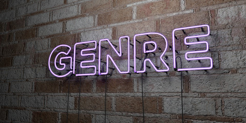 GENRE - Glowing Neon Sign on stonework wall - 3D rendered royalty free stock illustration.  Can be used for online banner ads and direct mailers..