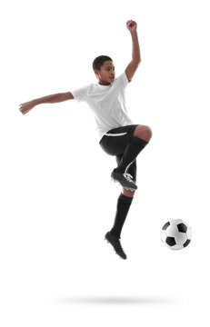  African-American youth football player on white background