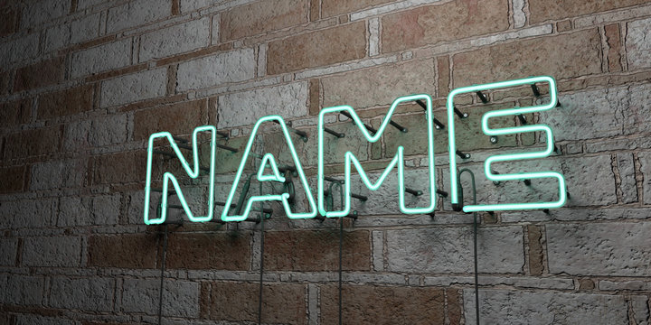 NAME - Glowing Neon Sign on stonework wall - 3D rendered royalty free stock illustration.  Can be used for online banner ads and direct mailers..
