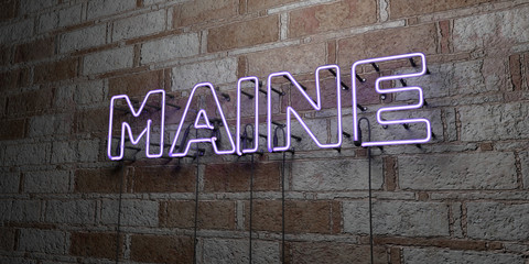 MAINE - Glowing Neon Sign on stonework wall - 3D rendered royalty free stock illustration.  Can be used for online banner ads and direct mailers..