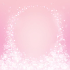 Romantic pink background with hearts, bokeh lights, stars and sparkles. Vector illustration.