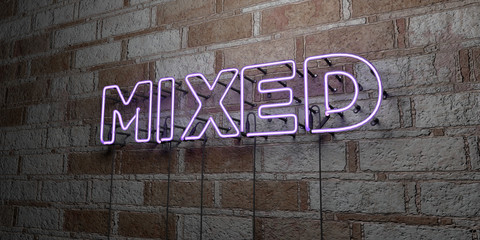Fototapeta premium MIXED - Glowing Neon Sign on stonework wall - 3D rendered royalty free stock illustration. Can be used for online banner ads and direct mailers..