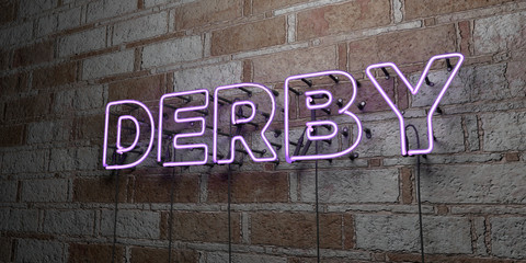 DERBY - Glowing Neon Sign on stonework wall - 3D rendered royalty free stock illustration.  Can be used for online banner ads and direct mailers..
