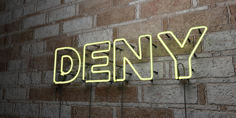 DENY - Glowing Neon Sign on stonework wall - 3D rendered royalty free stock illustration.  Can be used for online banner ads and direct mailers..