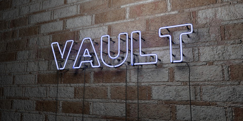VAULT - Glowing Neon Sign on stonework wall - 3D rendered royalty free stock illustration.  Can be used for online banner ads and direct mailers..