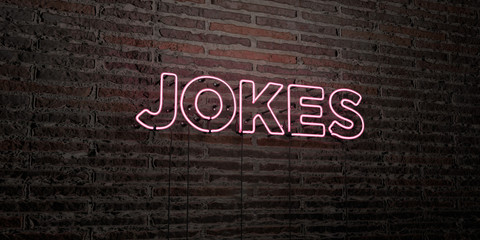JOKES -Realistic Neon Sign on Brick Wall background - 3D rendered royalty free stock image. Can be used for online banner ads and direct mailers..