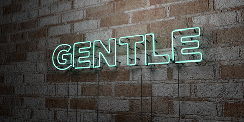 GENTLE - Glowing Neon Sign on stonework wall - 3D rendered royalty free stock illustration.  Can be used for online banner ads and direct mailers..