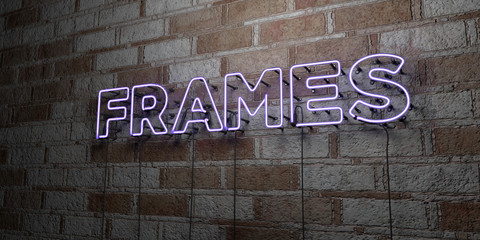 FRAMES - Glowing Neon Sign on stonework wall - 3D rendered royalty free stock illustration.  Can be used for online banner ads and direct mailers..