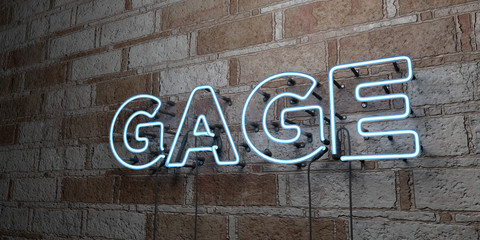 GAGE - Glowing Neon Sign on stonework wall - 3D rendered royalty free stock illustration.  Can be used for online banner ads and direct mailers..