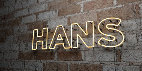HANS - Glowing Neon Sign on stonework wall - 3D rendered royalty free stock illustration.  Can be used for online banner ads and direct mailers..