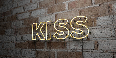 Fototapeta premium KISS - Glowing Neon Sign on stonework wall - 3D rendered royalty free stock illustration. Can be used for online banner ads and direct mailers..