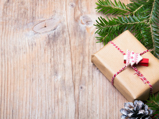 Christmas presents on wooden background, retro style with copy space