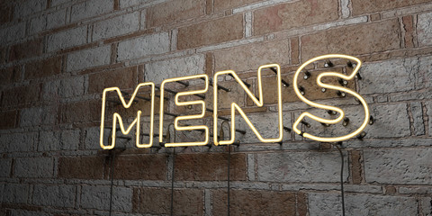 MENS - Glowing Neon Sign on stonework wall - 3D rendered royalty free stock illustration.  Can be used for online banner ads and direct mailers..