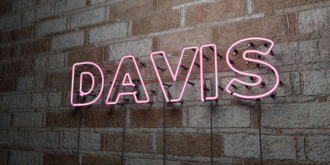 DAVIS - Glowing Neon Sign on stonework wall - 3D rendered royalty free stock illustration.  Can be used for online banner ads and direct mailers..