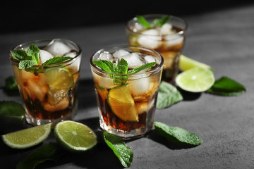 Glasses of cocktail with ice closeup