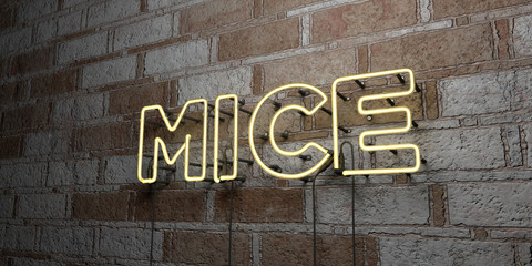 MICE - Glowing Neon Sign on stonework wall - 3D rendered royalty free stock illustration.  Can be used for online banner ads and direct mailers..