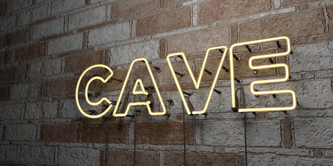 CAVE - Glowing Neon Sign on stonework wall - 3D rendered royalty free stock illustration.  Can be used for online banner ads and direct mailers..