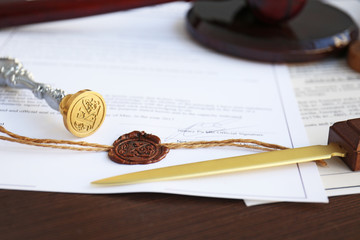 Old notarial wax seal and stamp, closeup