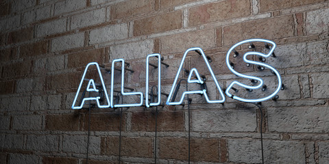 ALIAS - Glowing Neon Sign on stonework wall - 3D rendered royalty free stock illustration.  Can be used for online banner ads and direct mailers..