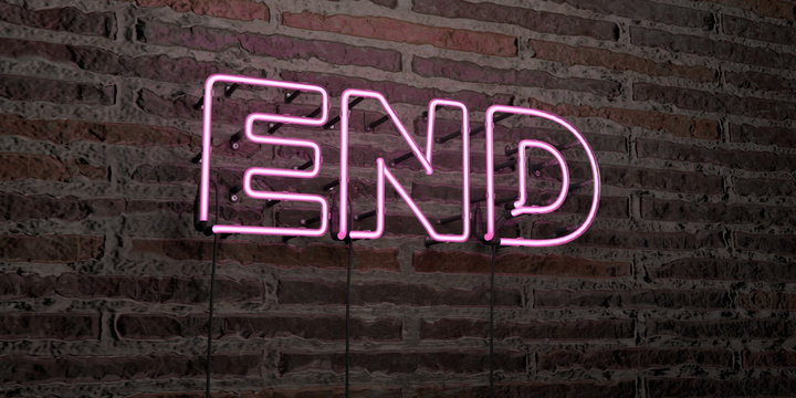 END -Realistic Neon Sign on Brick Wall background - 3D rendered royalty free stock image. Can be used for online banner ads and direct mailers..