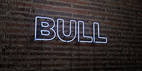 BULL -Realistic Neon Sign on Brick Wall background - 3D rendered royalty free stock image. Can be used for online banner ads and direct mailers..